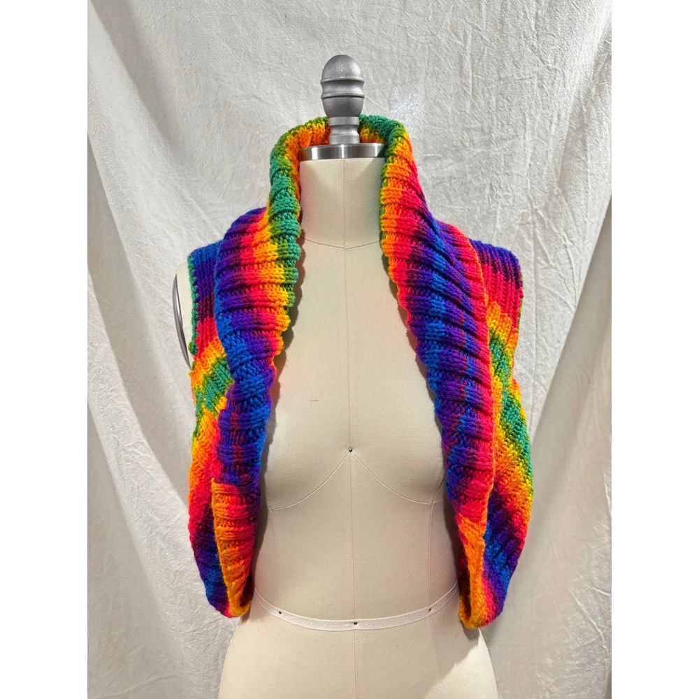 Hand Knit Rainbow Shrug Sleeveless Open Front Shawl Collar Soft Sweater Vest OS